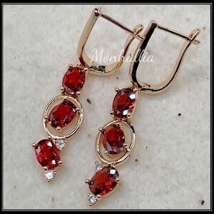 NEW GOLD 3 STONE RED RUBY and GOLD DROP EARRINGS